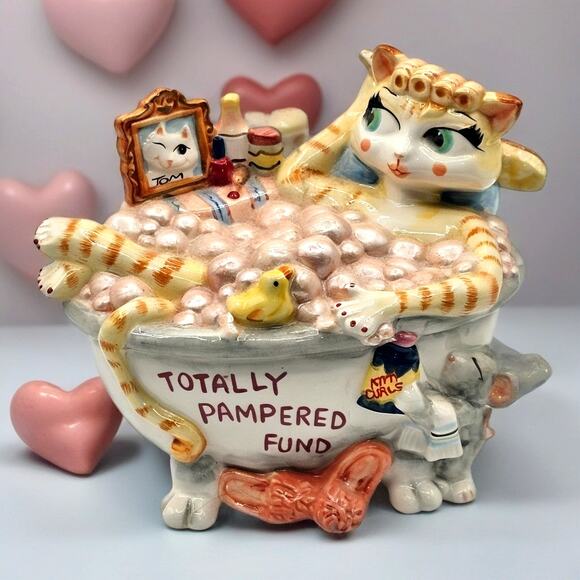 Fitz & Floyd Ceramic Cat & Mouse Bank-Totally Pampered Fund Bubble Bath-No Plug - Picture 1 of 10